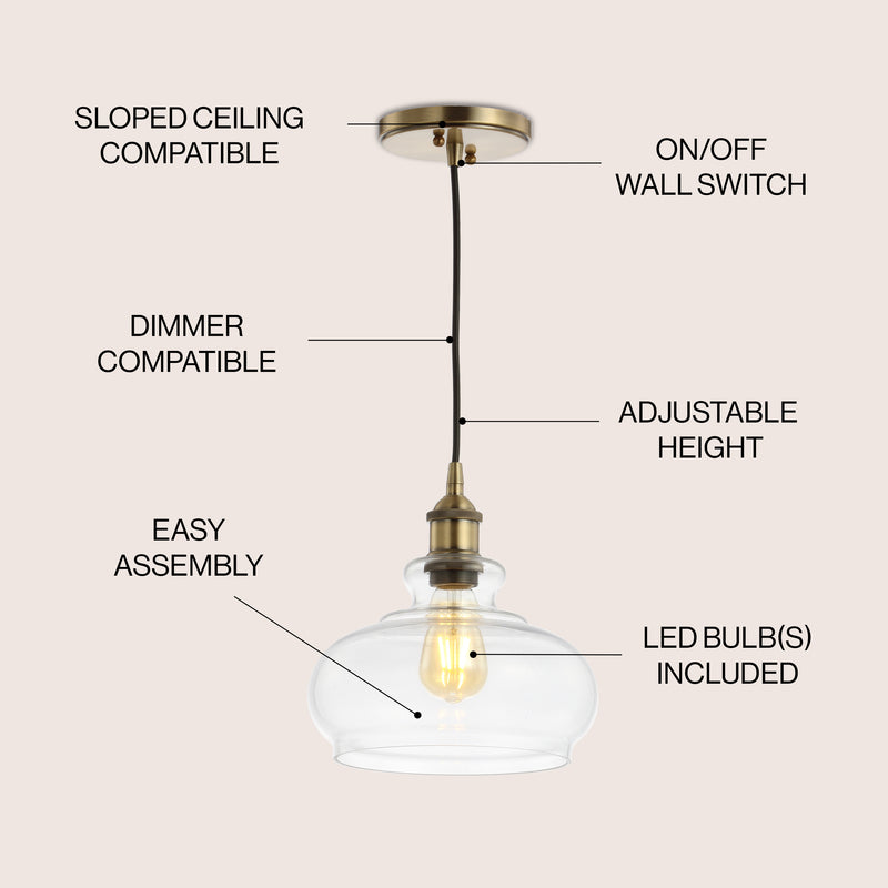 Wyatt 9.5" Adjustable Drop Pharmacy Metal/Glass LED Pendant - JONATHAN Y