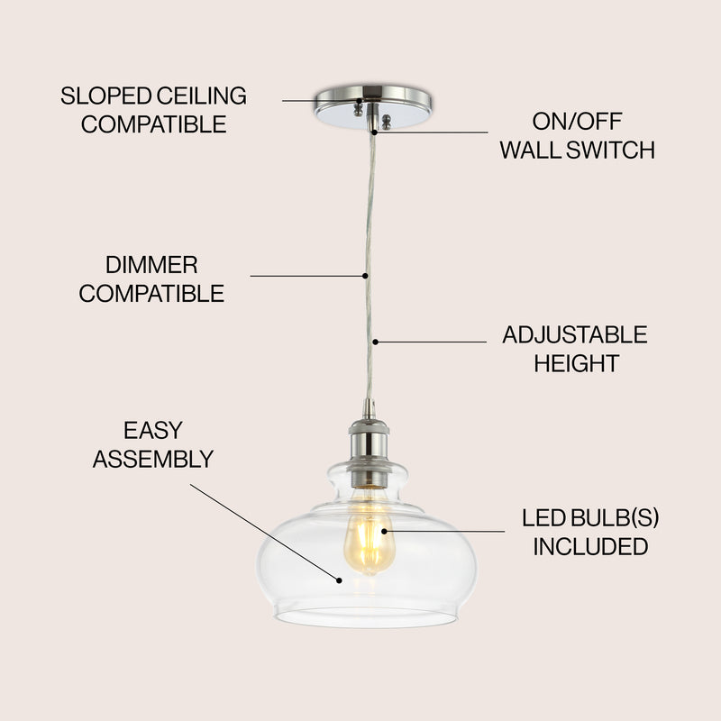 Wyatt 9.5" Adjustable Drop Pharmacy Metal/Glass LED Pendant - JONATHAN Y