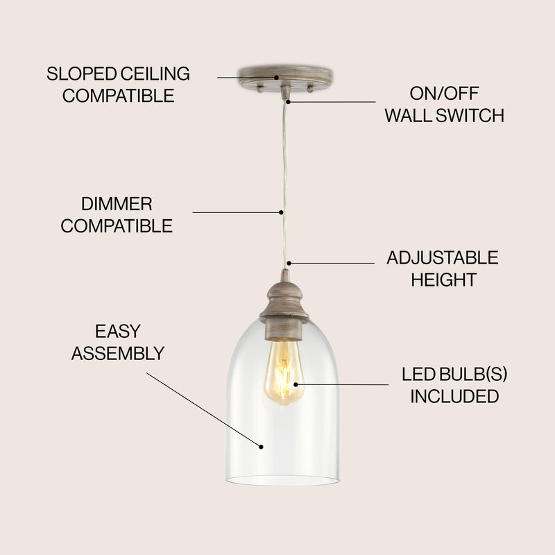 Fontaine 6.25" Adjustable Greige Glass LED Pendant - JONATHAN Y