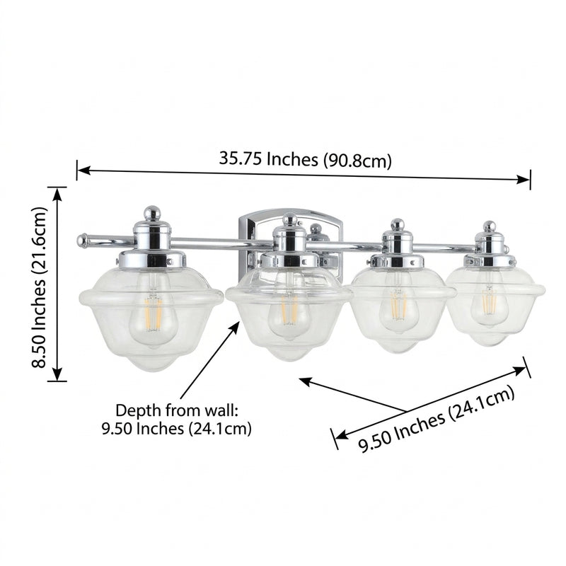 Orleans Iron/Glass schoolhouse LED Vanity Light Chrome / 4 Sockets – DIM