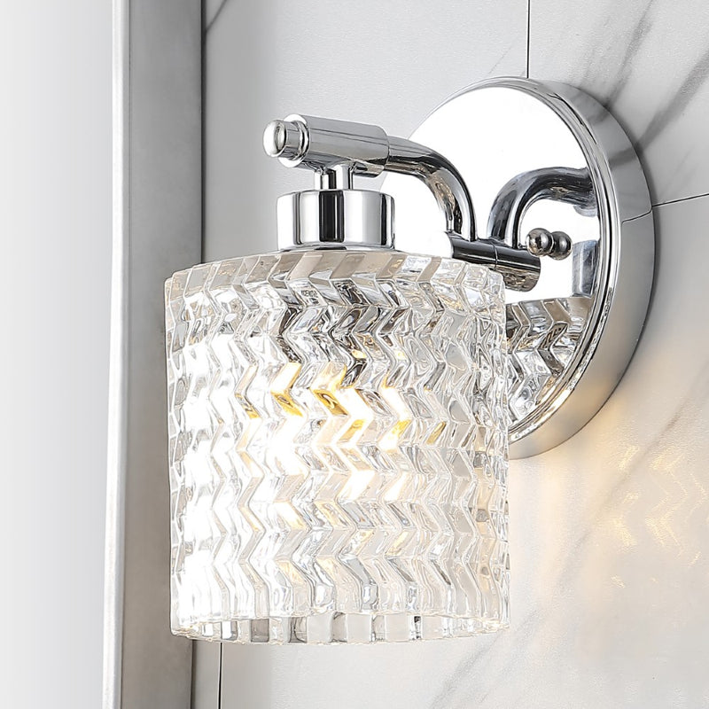 Spaulding Vintage Iron/Chevron Pattern Glass Farmhouse Cottage LED Vanity Light - JONATHAN Y