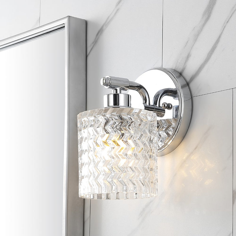 Spaulding Vintage Iron/Chevron Pattern Glass Farmhouse Cottage LED Vanity Light - JONATHAN Y