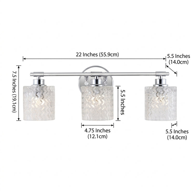 Spaulding Vintage Iron/Chevron Pattern Glass Farmhouse Cottage LED Vanity Light Chrome / 3 Sockets – DIM