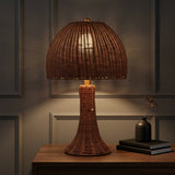 Joanie 22" Bohemian Rustic Woven Rattan LED Table Lamp with Pull Chain Dark Brown/Brass Gold – AI-ON
