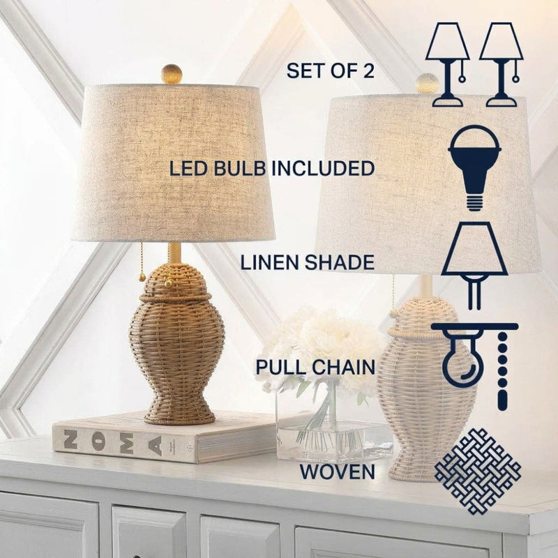 Margie Wicker 20.5"  Bohemian Rustic Iron LED Table Lamp Set 2 Natural/Beige (Set of 2) – ICONS