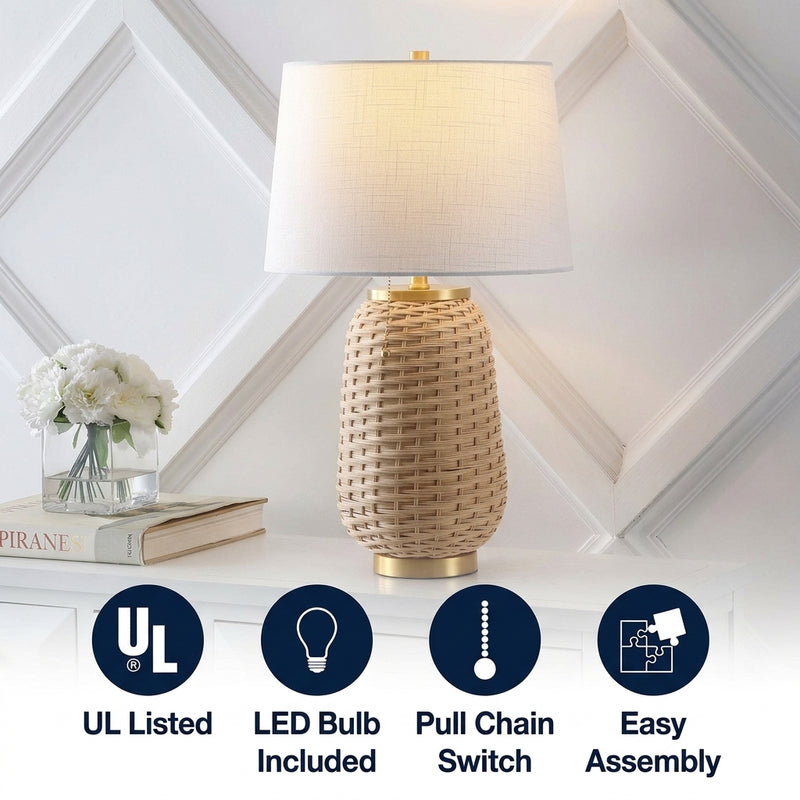 Chakrii 25" Rustic Bohemian Iron/Rattan LED Table Lamp with Pull-Chain Brass Gold/Light Brown – ICONS