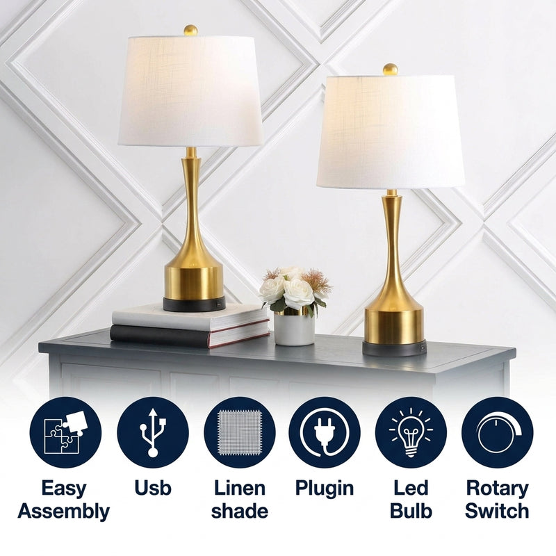 Cooper 26" Classic French Country Iron LED Table Lamp with USB Charging Port Set 2 Brass Gold (Set of 2) – ICONS