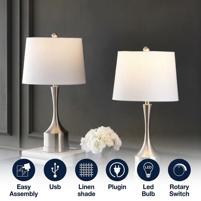 Cooper 26" Classic French Country Iron LED Table Lamp with USB Charging Port Set 2 Nickel (Set of 2) – ICONS