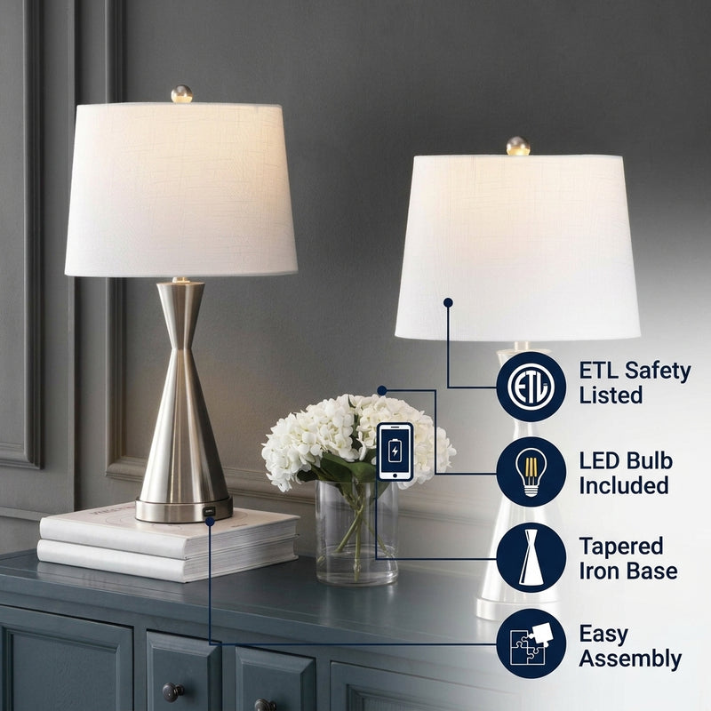Colton 26" Classic French Country Iron LED Table Lamp with USB Charging Port Set 2 Nickel (Set of 2) – ICONS