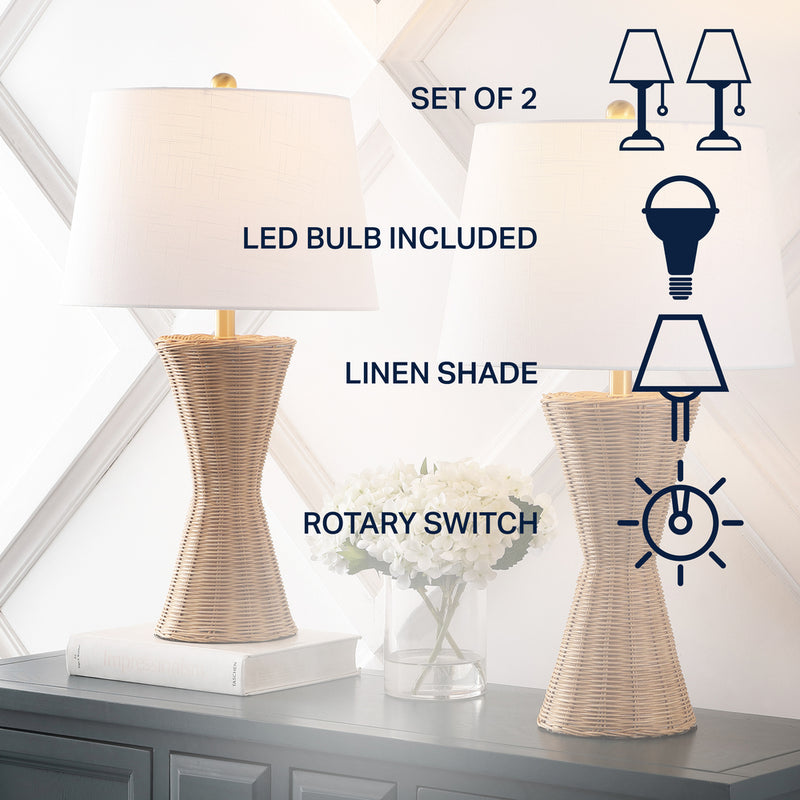 Laura 27" Coastal Designer Iron/Rattan Wicker LED Table Lamp Set 2