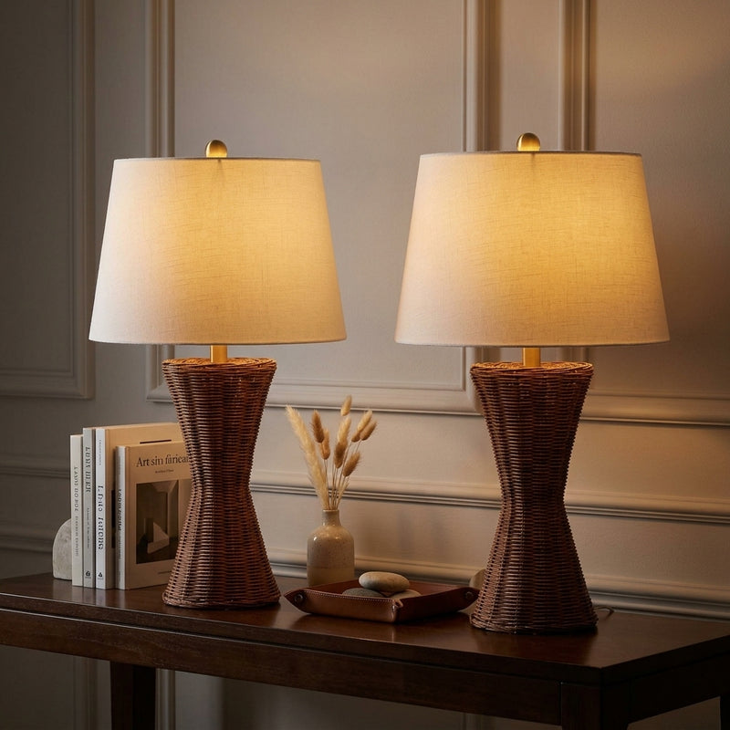 Laura 27" Coastal Designer Iron/Rattan Wicker LED Table Lamp Set 2 Dark Brown (Set of 2) – AI-ON