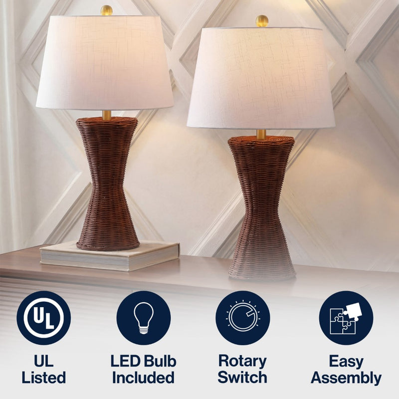 Laura 27" Coastal Designer Iron/Rattan Wicker LED Table Lamp Set 2