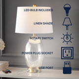 Reese Contemporary Style Iron/Glass LED Table Lamp with USB Charging Port - JONATHAN Y