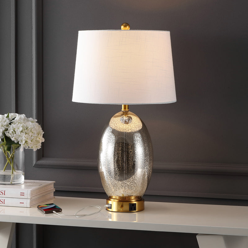 Reese Contemporary Style Iron/Glass LED Table Lamp with USB Charging Port - JONATHAN Y