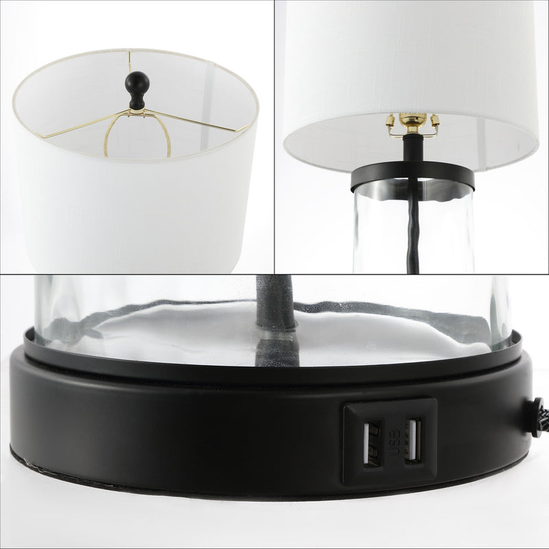 Alexander 21" Modern Designer Iron/Water Glass LED Table Lamp with USB Charging Port - JONATHAN Y