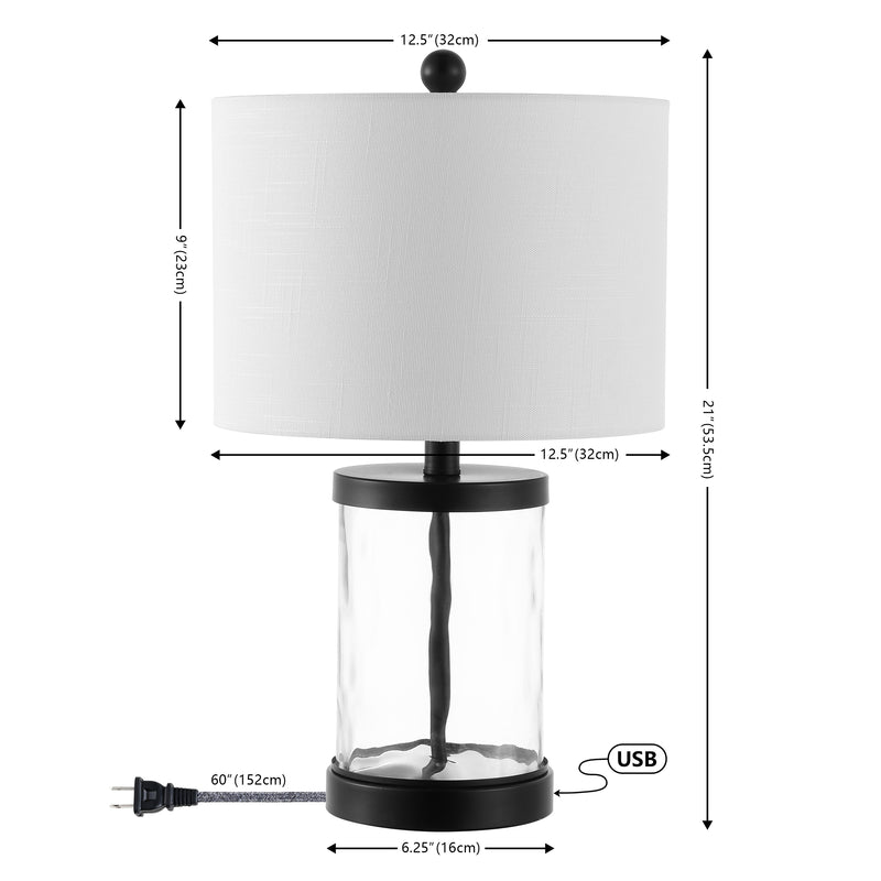 Alexander 21" Modern Designer Iron/Water Glass LED Table Lamp with USB Charging Port - JONATHAN Y