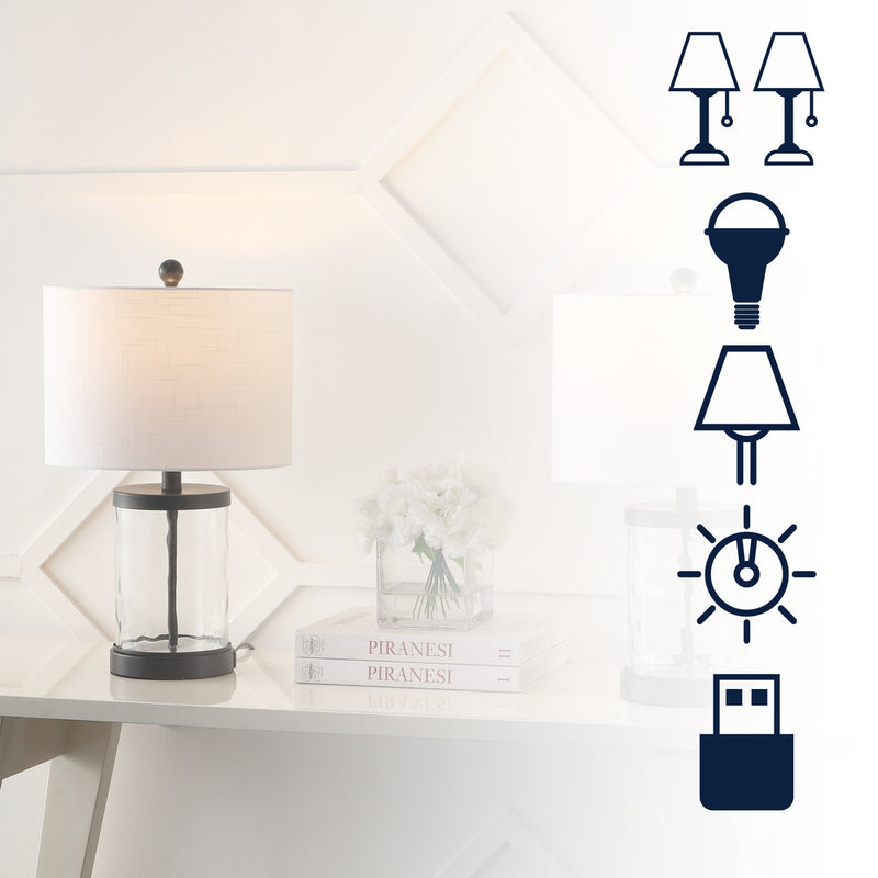 Alexander 21" Modern Designer Iron/Water Glass LED Table Lamp with USB Charging Port Set 2