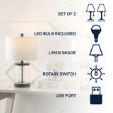 Alexander 21" Modern Designer Iron/Water Glass LED Table Lamp with USB Charging Port - JONATHAN Y