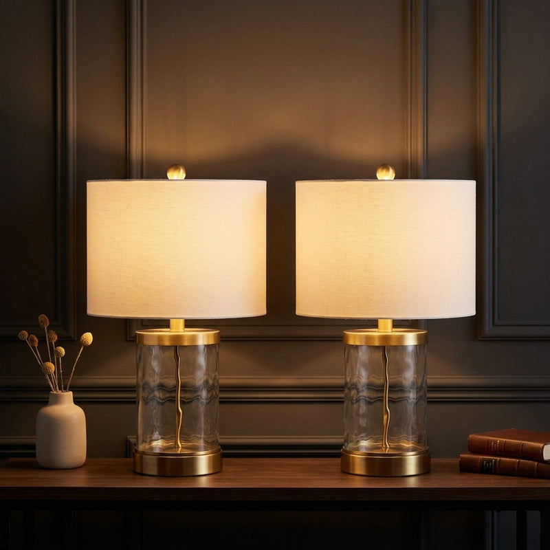 Alexander 21" Modern Designer Iron/Water Glass LED Table Lamp with USB Charging Port Set 2 Brass Gold/Clear (Set of 2) – AI-ON
