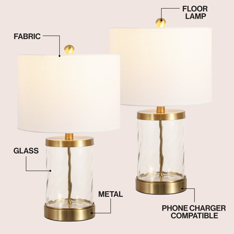 Alexander 21" Modern Designer Iron/Water Glass LED Table Lamp with USB Charging Port Set 2