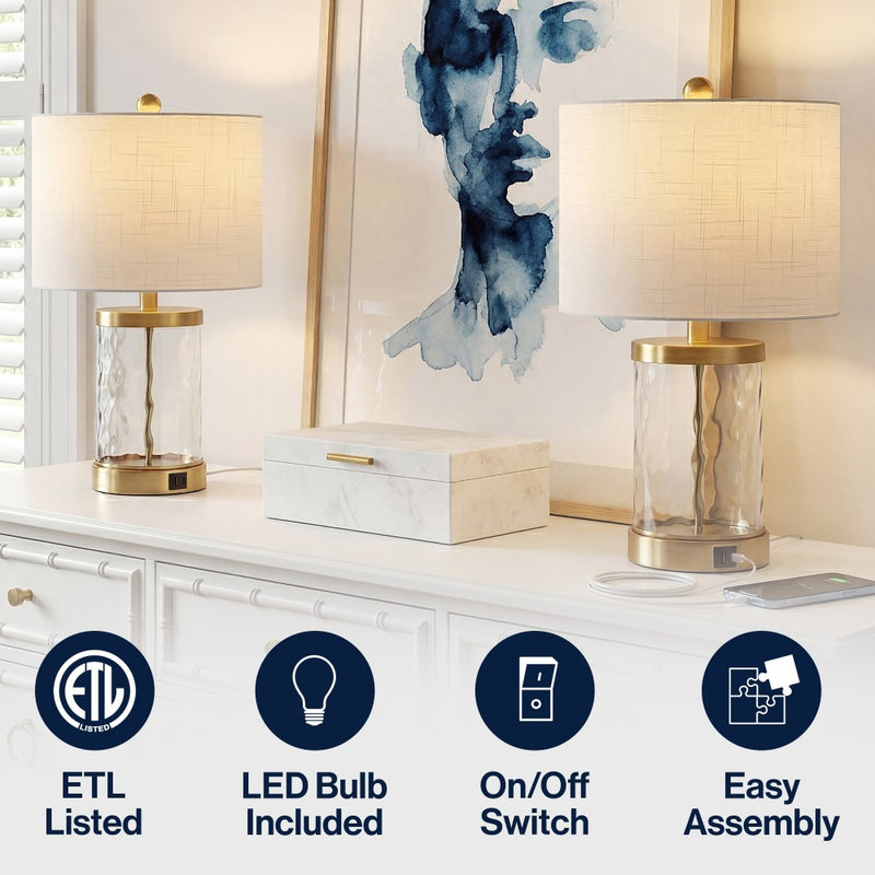 Alexander 21" Modern Designer Iron/Water Glass LED Table Lamp with USB Charging Port Set 2