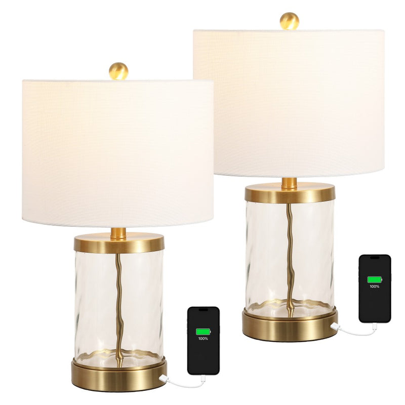 Alexander 21" Modern Designer Iron/Water Glass LED Table Lamp with USB Charging Port Set 2