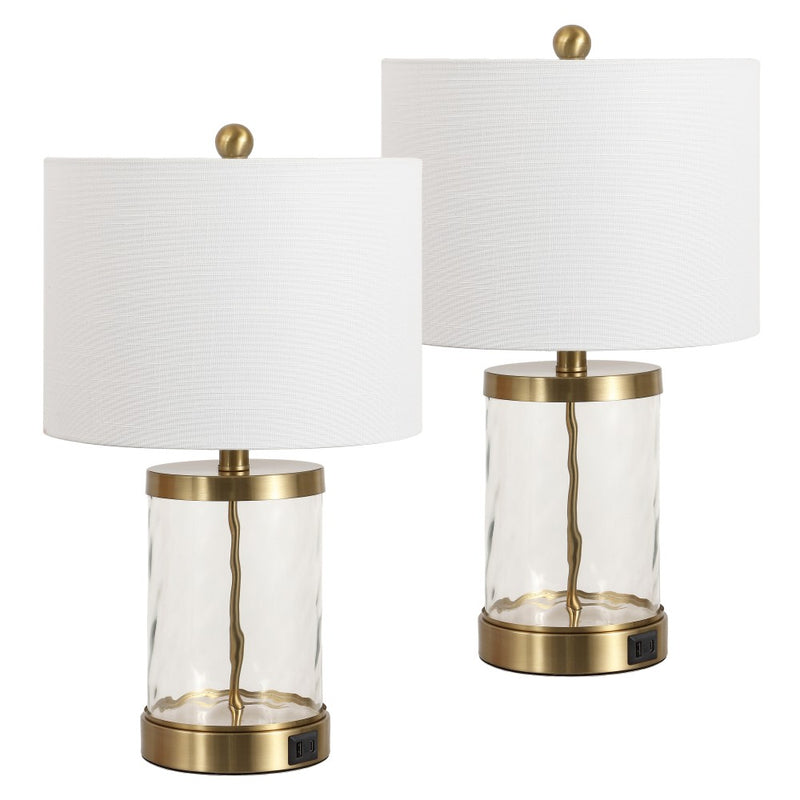 Alexander 21" Modern Designer Iron/Water Glass LED Table Lamp with USB Charging Port Set 2