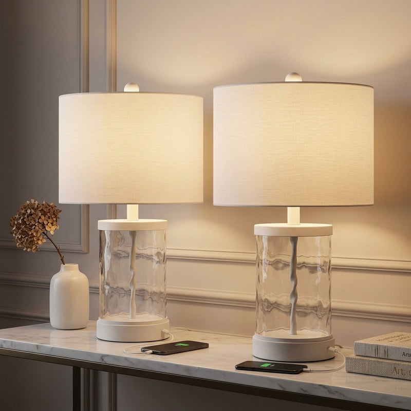 Alexander 21" Modern Designer Iron/Water Glass LED Table Lamp with USB Charging Port Set 2 White/Clear (Set of 2) – AI-ON