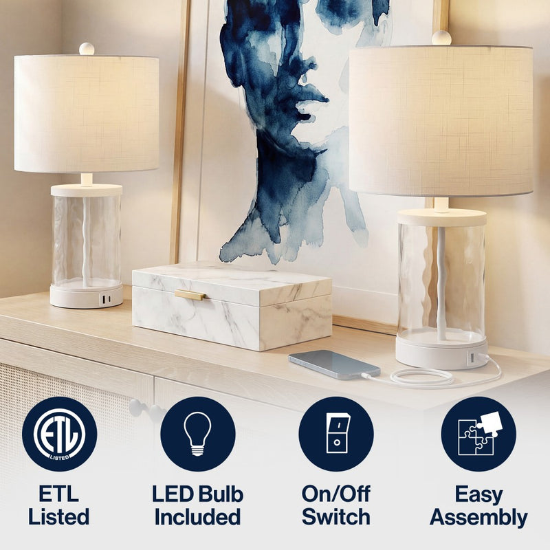 Alexander 21" Modern Designer Iron/Water Glass LED Table Lamp with USB Charging Port Set 2