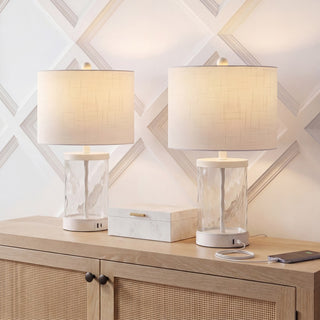 Alexander 21" Modern Designer Iron/Water Glass LED Table Lamp with USB Charging Port Set 2