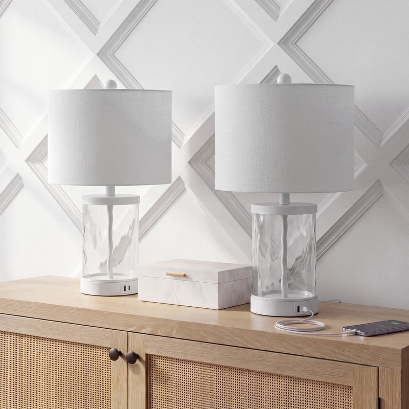 Alexander 21" Modern Designer Iron/Water Glass LED Table Lamp with USB Charging Port Set 2