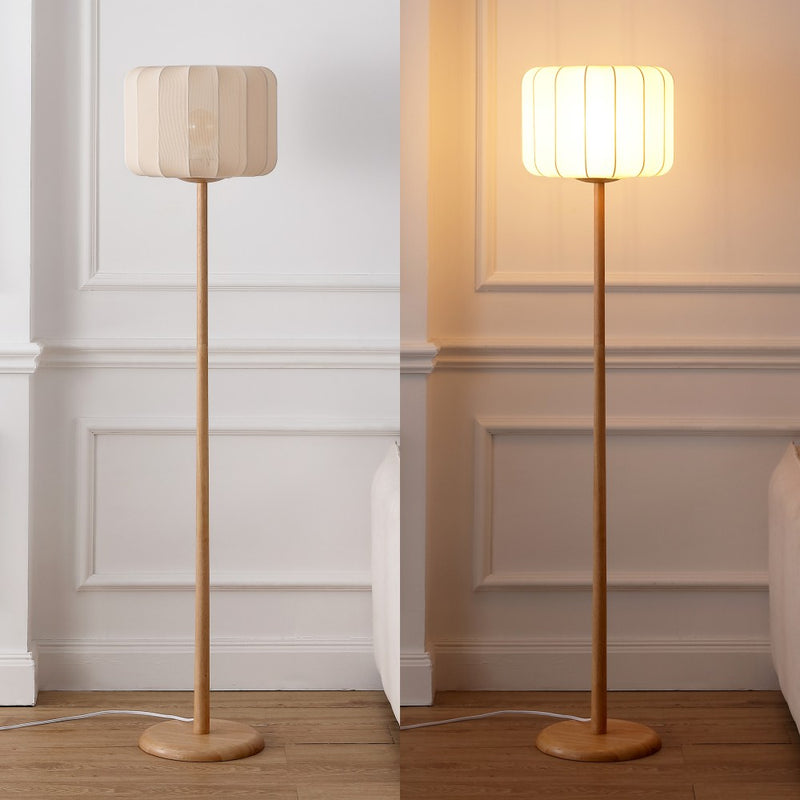 Maryna 59.5 in. Minimalist Modern Teahouse Wood with Ribbed Cocoon Pumpkin Shade LED Floor Lamp