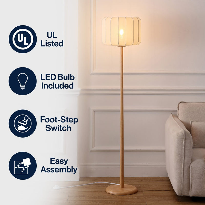Maryna 59.5 in. Minimalist Modern Teahouse Wood with Ribbed Cocoon Pumpkin Shade LED Floor Lamp