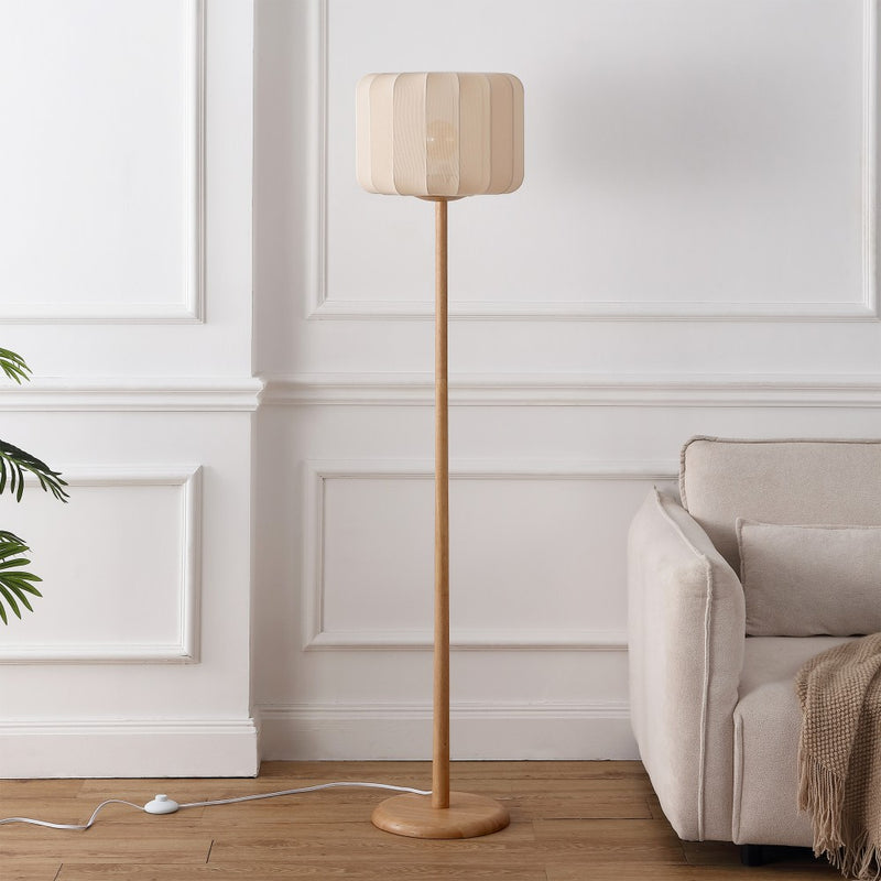 Maryna 59.5 in. Minimalist Modern Teahouse Wood with Ribbed Cocoon Pumpkin Shade LED Floor Lamp