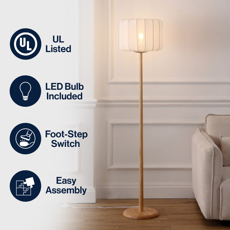 Maryna 59.5 in. Minimalist Modern Teahouse Wood with Ribbed Cocoon Pumpkin Shade LED Floor Lamp