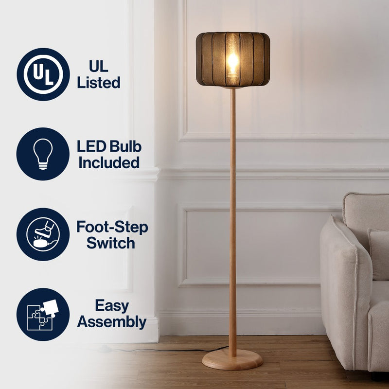 Maryna 59.5 in. Minimalist Modern Teahouse Wood with Ribbed Cocoon Pumpkin Shade LED Floor Lamp