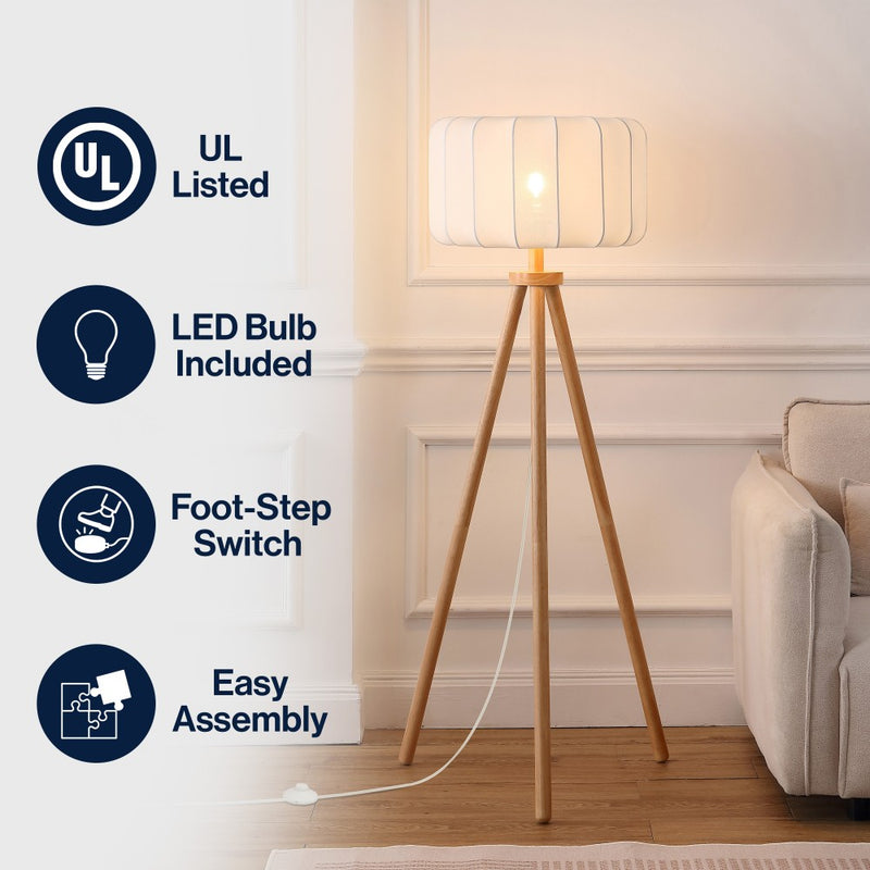 Adriel 52" Mid-Century Modern Tripod Wood with Ribbed Cocoon Pumpkin Shade LED Floor Lamp