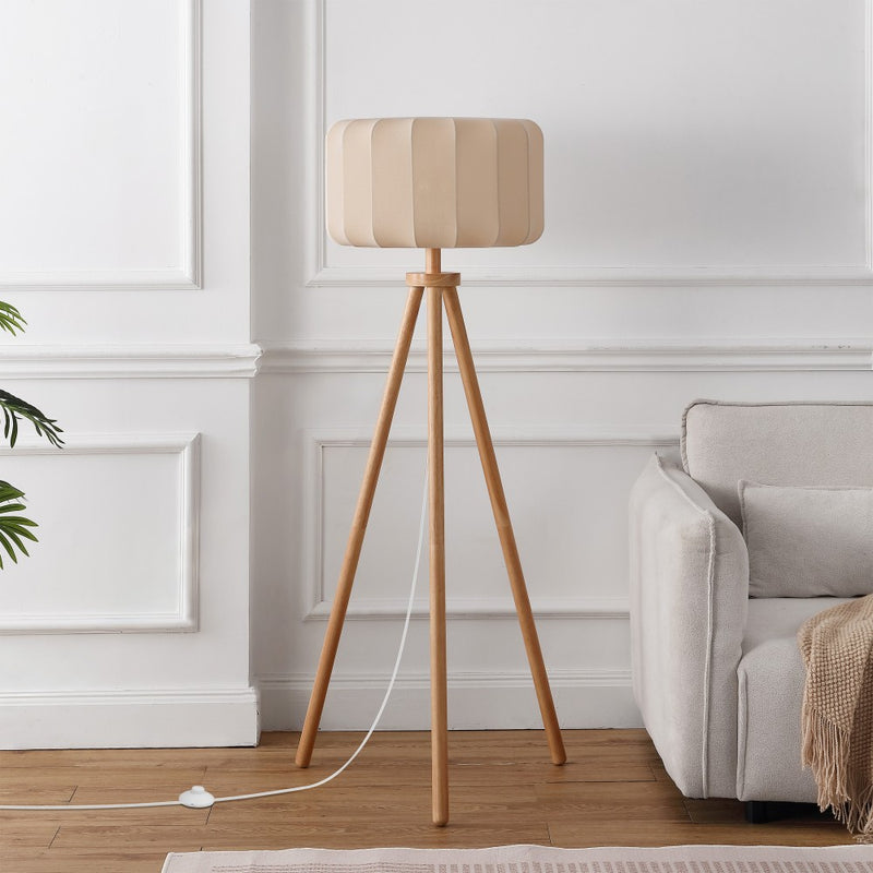 Adriel 52" Mid-Century Modern Tripod Wood with Ribbed Cocoon Pumpkin Shade LED Floor Lamp