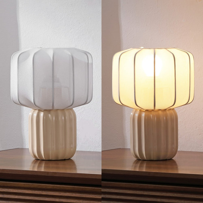 Leola 10 in. Modern Contemporary Ceramic Fluted Mini with Ribbed Cocoon Pumpkin Shade LED Table Lamp