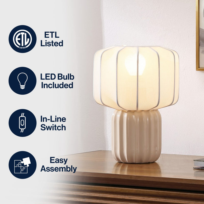 Leola 10 in. Modern Contemporary Ceramic Fluted Mini with Ribbed Cocoon Pumpkin Shade LED Table Lamp