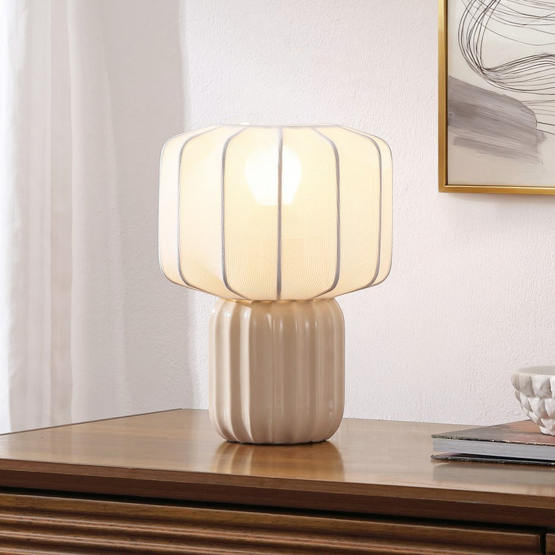 Leola 10 in. Modern Contemporary Ceramic Fluted Mini with Ribbed Cocoon Pumpkin Shade LED Table Lamp