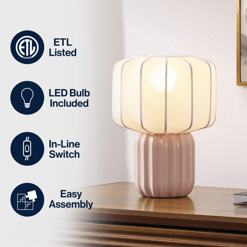 Leola 10 in. Modern Contemporary Ceramic Fluted Mini with Ribbed Cocoon Pumpkin Shade LED Table Lamp