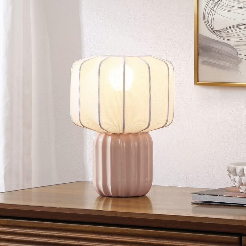 Leola 10 in. Modern Contemporary Ceramic Fluted Mini with Ribbed Cocoon Pumpkin Shade LED Table Lamp