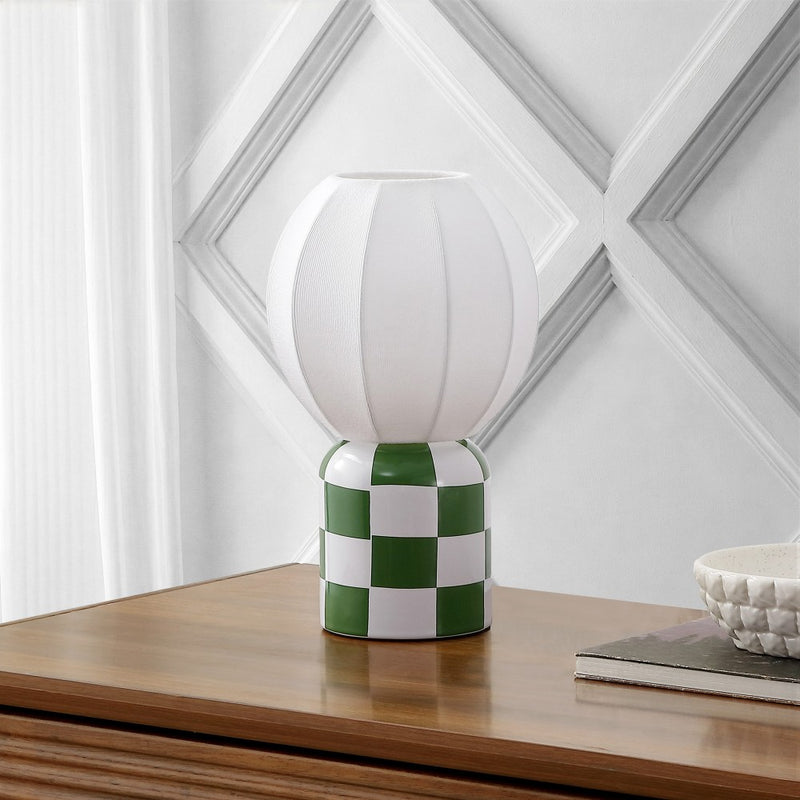 Valarie 10.25" Contemporary Modern Checkerboard Ceramic with Ribbed Cocoon Globe Shade LED Mini Table Lamp