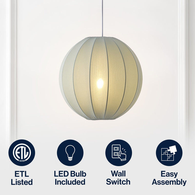 Sia 16" 1-Light Scandinavian Japandi Adjustable Lantern Metal with Ribbed Cocoon Globe Shade LED Pendant