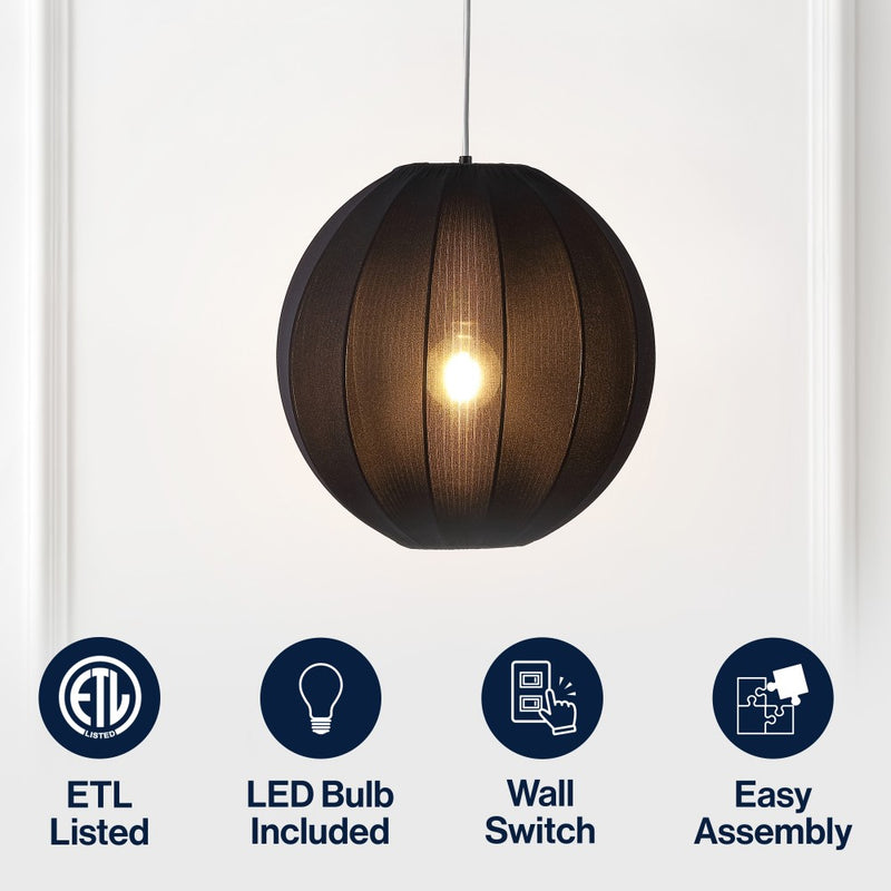 Sia 16" 1-Light Scandinavian Japandi Adjustable Lantern Metal with Ribbed Cocoon Globe Shade LED Pendant