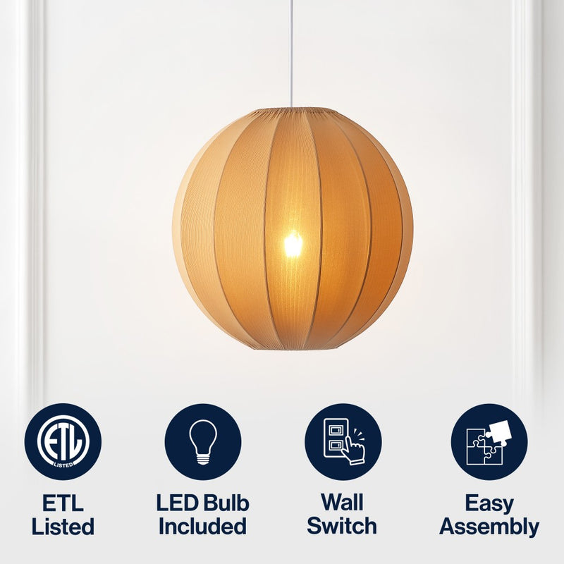 Sia 16" 1-Light Scandinavian Japandi Adjustable Lantern Metal with Ribbed Cocoon Globe Shade LED Pendant