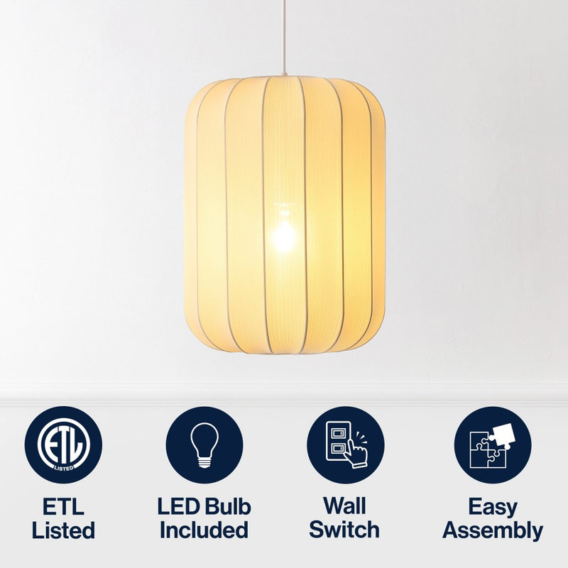 Aurelia 13.75" 1-Light Scandinavian Japandi Adjustable Lantern Metal with Ribbed Cocoon Capsule Shade LED Pendant