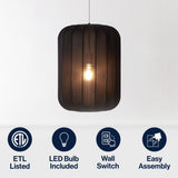 Aurelia 13.75" 1-Light Scandinavian Japandi Adjustable Lantern Metal with Ribbed Cocoon Capsule Shade LED Pendant