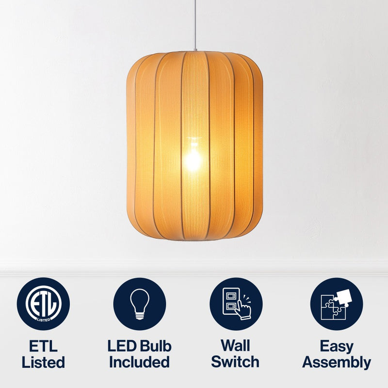 Aurelia 13.75" 1-Light Scandinavian Japandi Adjustable Lantern Metal with Ribbed Cocoon Capsule Shade LED Pendant